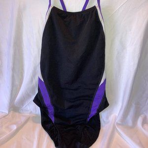 Speedo One Piece Girls Swimsuit Racerback Purple Black White Size 10/36 - EUC